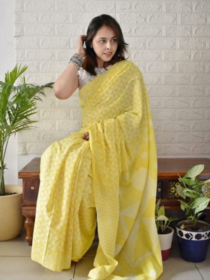 Women's Linen Printed Saree With Unstitched Blouse - 5.5 Mtr (Yellow)