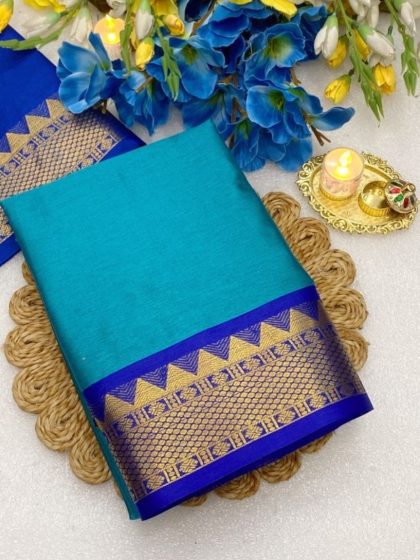 Women's Cotton Silk Striped Saree With Unstitched Blouse - 5.5 Mtr (Teal-Royal Blue)