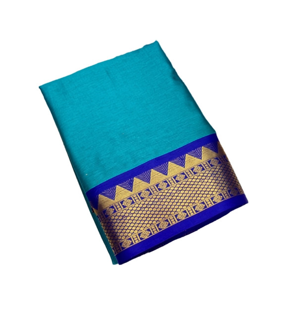 Women's Cotton Silk Striped Saree With Unstitched Blouse - 5.5 Mtr (Teal-Royal Blue) - Image 2