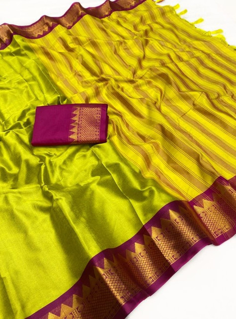 Women's Cotton Silk Striped Saree With Unstitched Blouse - 5.5 Mtr (Light Green-Purple) - Image 3