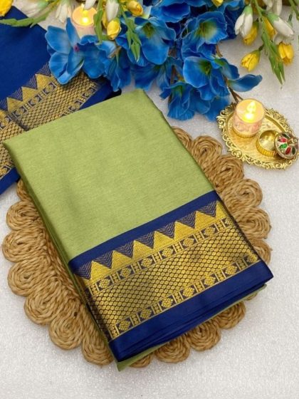 Women's Cotton Silk Striped Saree With Unstitched Blouse - 5.5 Mtr (Pista Green-Blue)