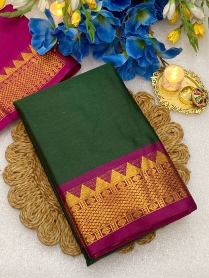 Women's Cotton Silk Striped Saree With Unstitched Blouse - 5.5 Mtr (Dark Green-Magenta)