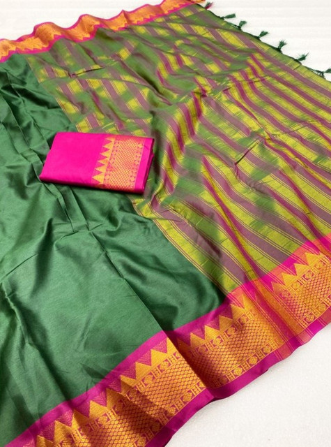 Women's Cotton Silk Striped Saree With Unstitched Blouse - 5.5 Mtr (Dark Green-Magenta) - Image 3