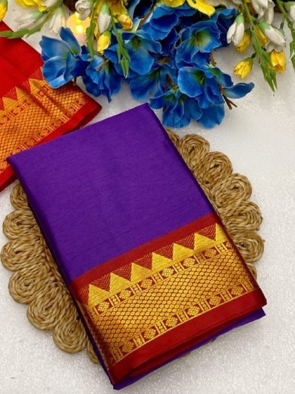 Women's Cotton Silk Striped Saree With Unstitched Blouse - 5.5 Mtr (Purple-Red)