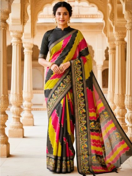 Women's Silk Kalamkari Printed Saree With Unstitched Blouse - 5.5 Mtr (Multicolor)
