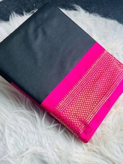 Women's Cotton Silk Solid Saree With Unstitched Blouse - 5.5 Mtr (Black-Pink)