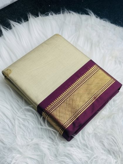 Women's Cotton Silk Solid Saree With Unstitched Blouse - 5.5 Mtr (Cream-Wine)