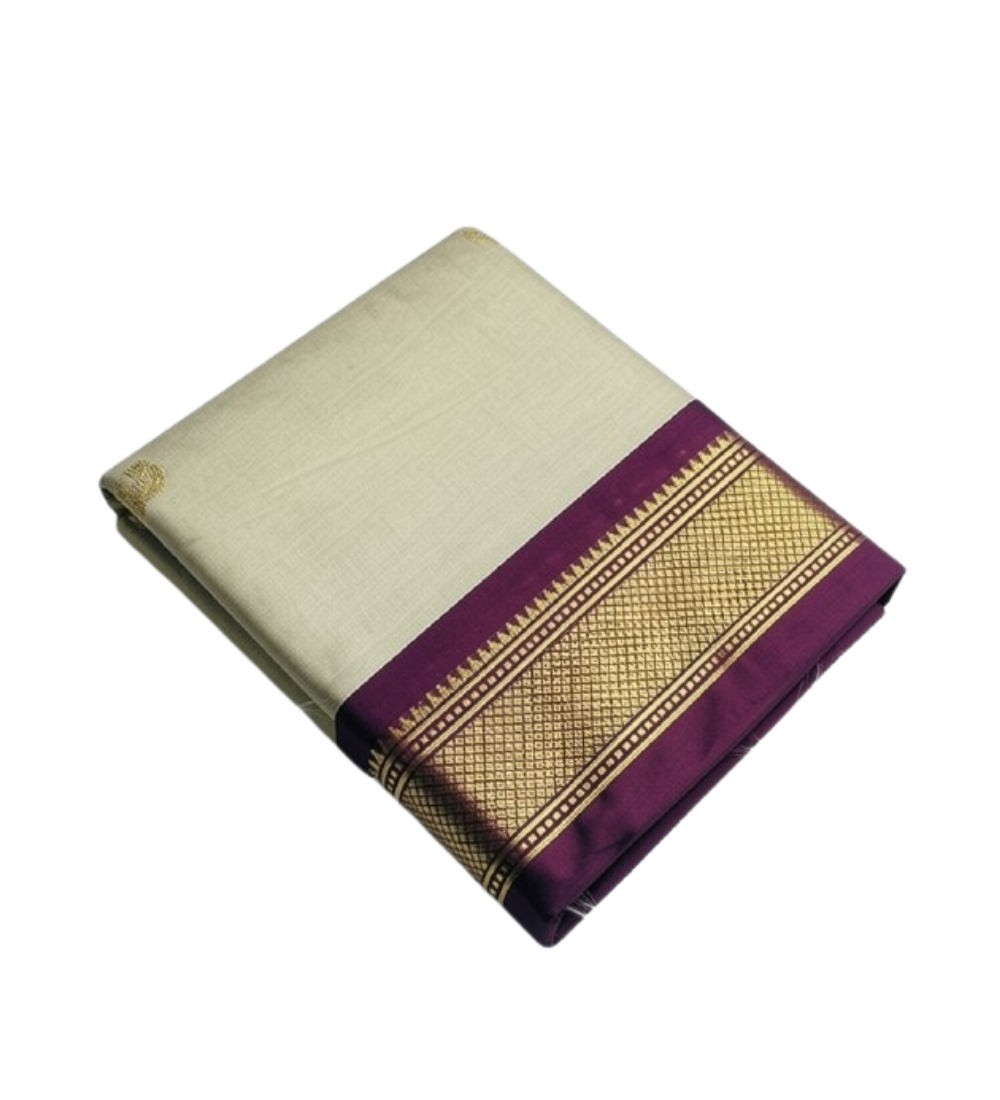 Women's Cotton Silk Solid Saree With Unstitched Blouse - 5.5 Mtr (Cream-Wine) - Image 2