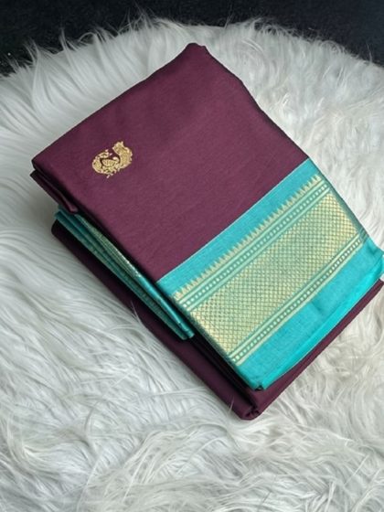 Women's Cotton Silk Solid Saree With Unstitched Blouse - 5.5 Mtr (Purple-Turquoise)