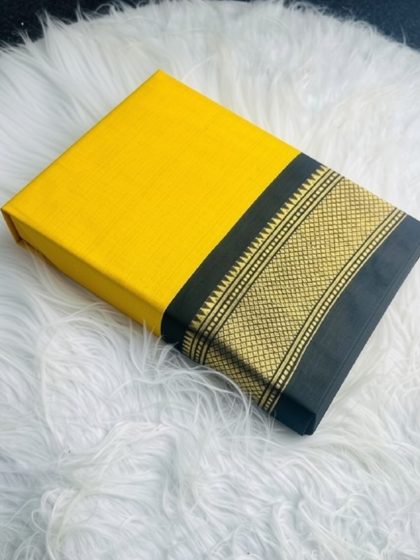 Women's Cotton Silk Solid Saree With Unstitched Blouse - 5.5 Mtr (Yellow-Black)