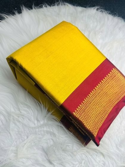 Women's Cotton Silk Solid Saree With Unstitched Blouse - 5.5 Mtr (Yellow-Red)