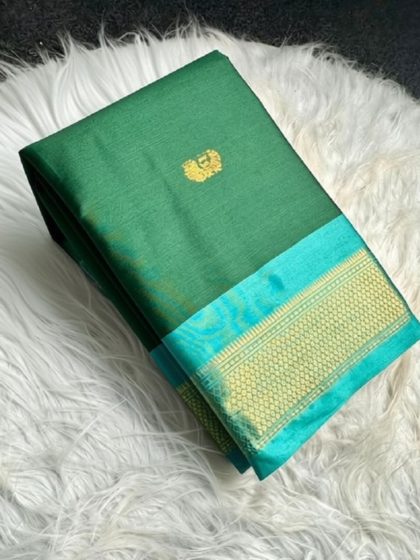 Women's Cotton Silk Solid Saree With Unstitched Blouse - 5.5 Mtr (Dark Green-Turquoise)
