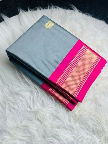 Women's Cotton Silk Solid Saree With Unstitched Blouse - 5.5 Mtr (Grey-Pink)