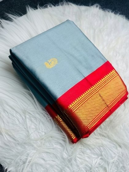 Women's Cotton Silk Solid Saree With Unstitched Blouse - 5.5 Mtr (Grey-Red)