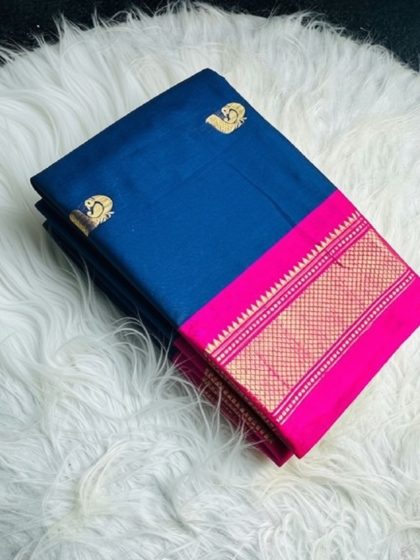Women's Cotton Silk Solid Saree With Unstitched Blouse - 5.5 Mtr (Navy Blue-Pink)