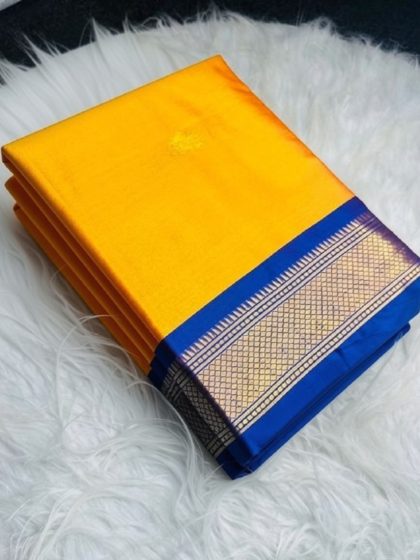 Women's Cotton Silk Solid Saree With Unstitched Blouse - 5.5 Mtr (Yellow-Blue)