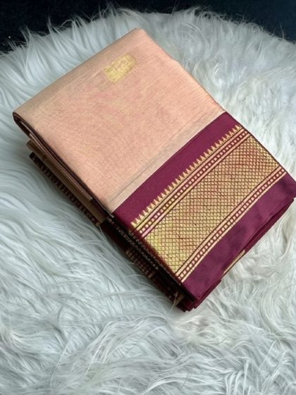 Women's Cotton Silk Solid Saree With Unstitched Blouse - 5.5 Mtr (Peach-Maroon)