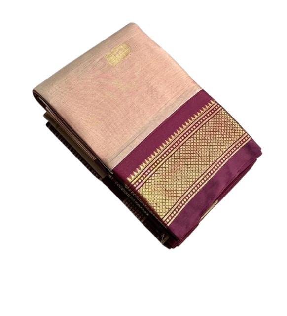 Women's Cotton Silk Solid Saree With Unstitched Blouse - 5.5 Mtr (Peach-Maroon) - Image 2