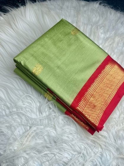 Women's Cotton Silk Solid Saree With Unstitched Blouse - 5.5 Mtr (Pista Green-Red)