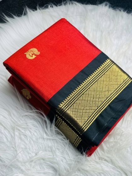 Women's Cotton Silk Solid Saree With Unstitched Blouse - 5.5 Mtr (Red-Black)