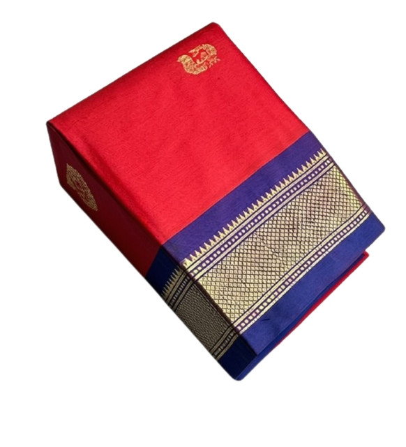 Women's Cotton Silk Solid Saree With Unstitched Blouse - 5.5 Mtr (Red-Blue) - Image 2