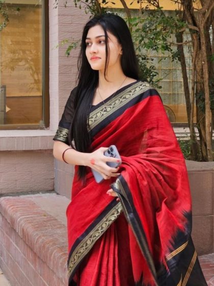 Women's Linen Striped Saree With Unstitched Blouse - 5.5 Mtr (Red-Black)