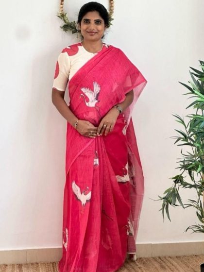 Women's Linen Printed Saree With Unstitched Blouse - 5.5 Mtr (Pink)
