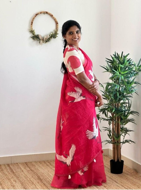 Women's Linen Printed Saree With Unstitched Blouse - 5.5 Mtr (Pink) - Image 3