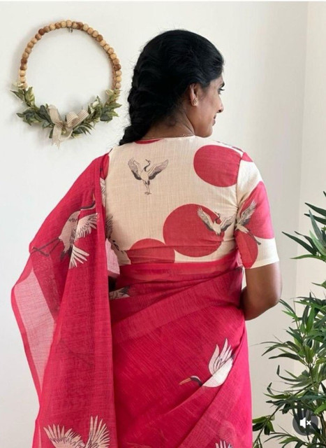 Women's Linen Printed Saree With Unstitched Blouse - 5.5 Mtr (Pink) - Image 4