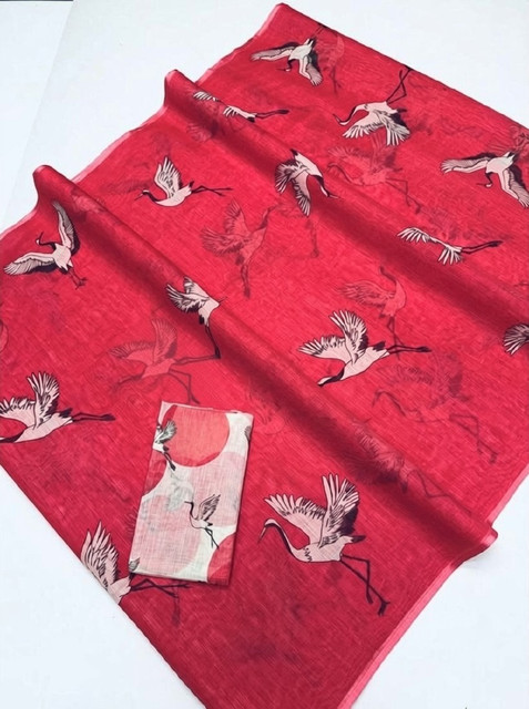 Women's Linen Printed Saree With Unstitched Blouse - 5.5 Mtr (Pink) - Image 5