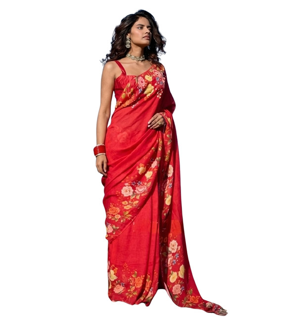 Women's Linen Floral Printed Saree With Unstitched Blouse - 5.5 Mtr (Red) - Image 2