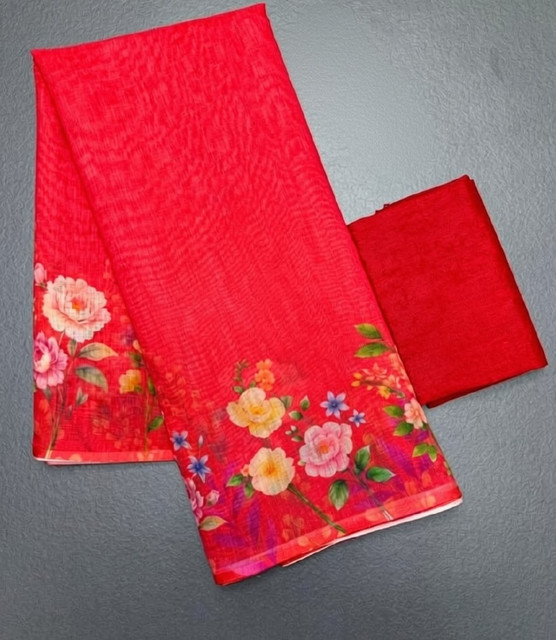 Women's Linen Floral Printed Saree With Unstitched Blouse - 5.5 Mtr (Red) - Image 4