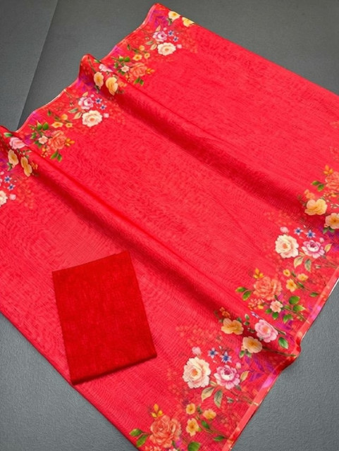 Women's Linen Floral Printed Saree With Unstitched Blouse - 5.5 Mtr (Red) - Image 5