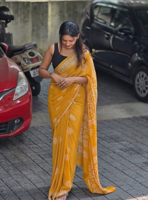 Women's Linen Printed Saree With Unstitched Blouse - 5.5 Mtr (Yellow) - Image 4