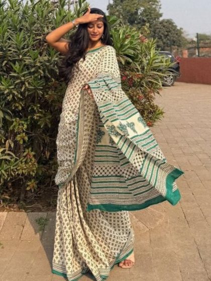 Women's Linen Printed Saree With Unstitched Blouse - 5.5 Mtr (Off White)