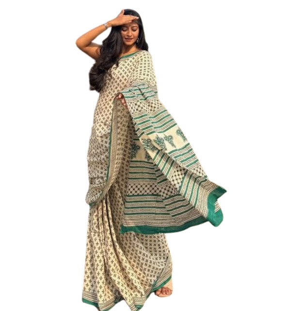Women's Linen Printed Saree With Unstitched Blouse - 5.5 Mtr (Off White) - Image 2