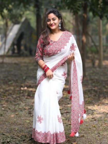 Women's Linen Floral Printed Saree With Unstitched Blouse - 5.5 Mtr (White-Red)