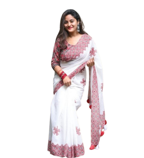 Women's Linen Floral Printed Saree With Unstitched Blouse - 5.5 Mtr (White-Red) - Image 2