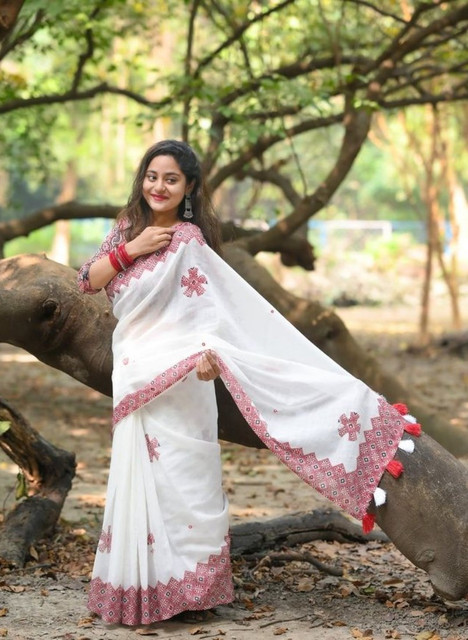 Women's Linen Floral Printed Saree With Unstitched Blouse - 5.5 Mtr (White-Red) - Image 5