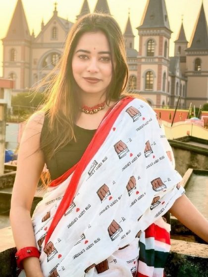 Women's Linen Printed Saree With Unstitched Blouse - 5.5 Mtr (White-Red)