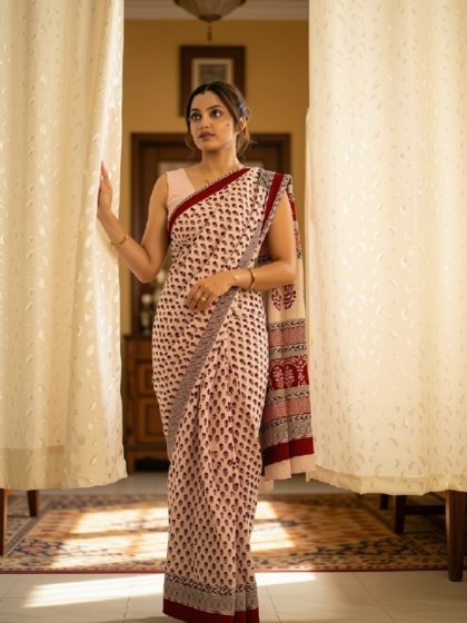 Women's Linen Printed Saree With Unstitched Blouse - 5.5 Mtr (Off White)