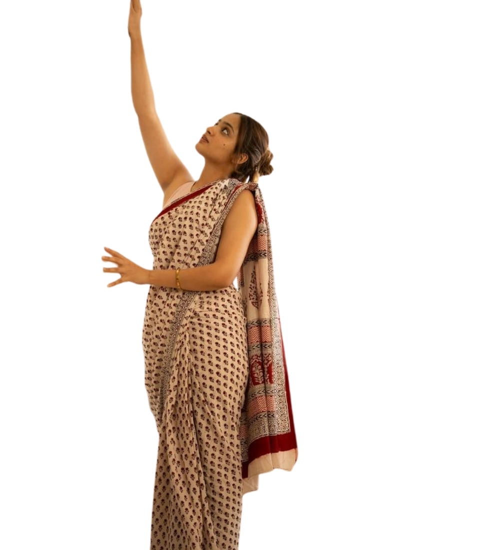 Women's Linen Printed Saree With Unstitched Blouse - 5.5 Mtr (Off White) - Image 2