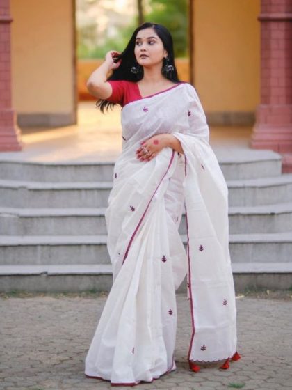Women's Linen Embroidered Saree With Unstitched Blouse - 5.5 Mtr (White-Red)