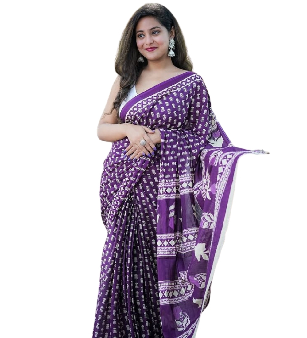 Women's Linen Printed Saree With Unstitched Blouse - 5.5 Mtr (Purple) - Image 2