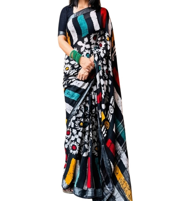 Women's Linen Floral Printed Saree With Unstitched Blouse - 5.5 Mtr (Multicolor) - Image 2