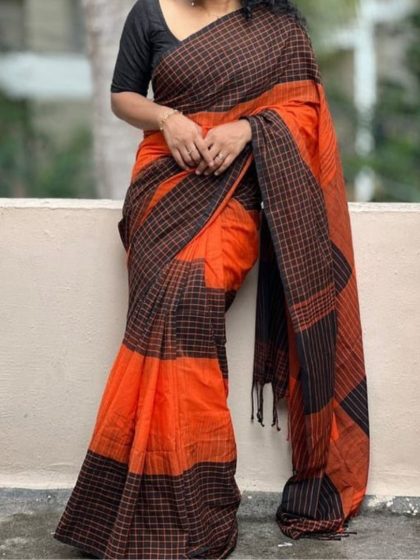 Women's Linen Checkered Saree With Unstitched Blouse - 5.5 Mtr (Orange-Black)