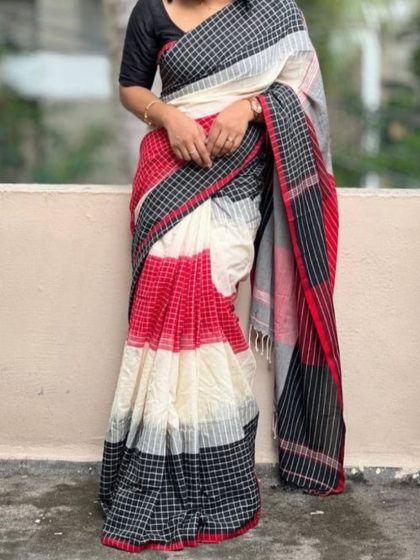 Women's Linen Checkered Saree With Unstitched Blouse - 5.5 Mtr (Multicolor)