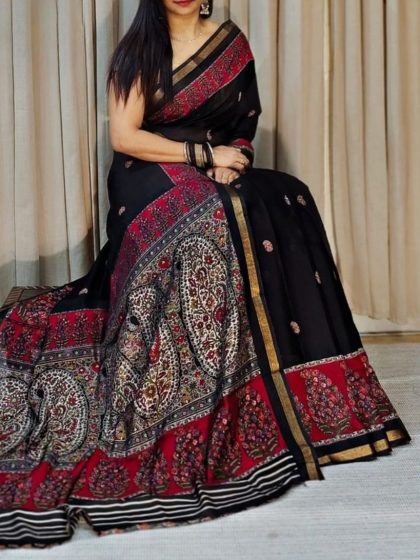 Women's Linen Kalamkari Printed Saree With Unstitched Blouse - 5.5 Mtr (Black-Red)