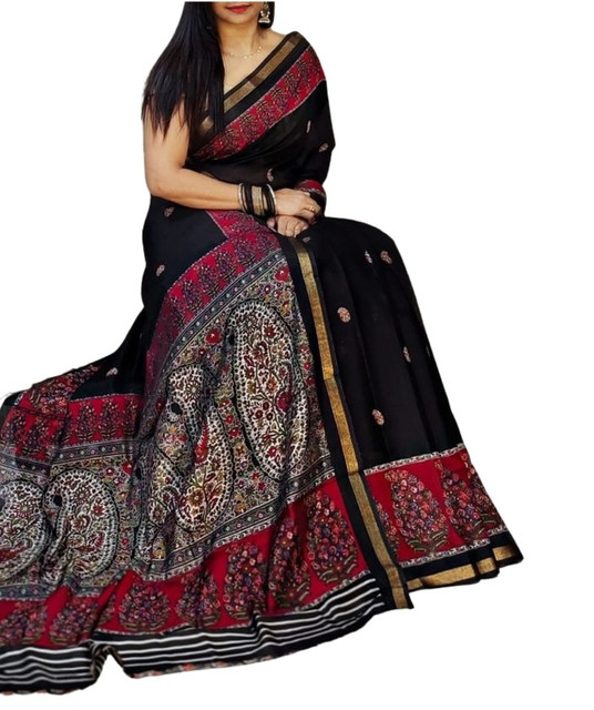 Women's Linen Kalamkari Printed Saree With Unstitched Blouse - 5.5 Mtr (Black-Red) - Image 2