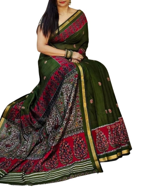 Women's Linen Kalamkari Printed Saree With Unstitched Blouse - 5.5 Mtr (Green-Pink) - Image 2